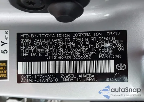 2017 Toyota Prius Two from USA, damaged, VIN JTDKBRFUXH3556652